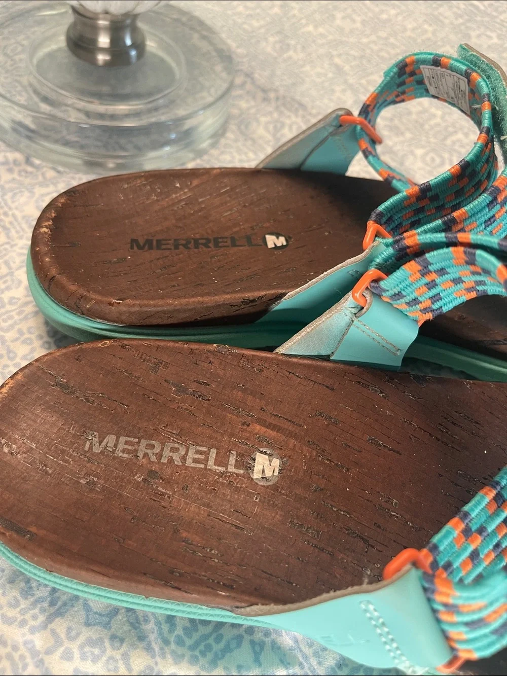 Merrell Around Town Sun Vue Turquoise/Orange Braided Toe-Loop Sandals Thong Sz 9
